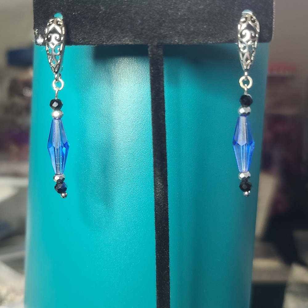 Silver and Blue Swarovski Crystal Dangle Earrings with Filigree Design
